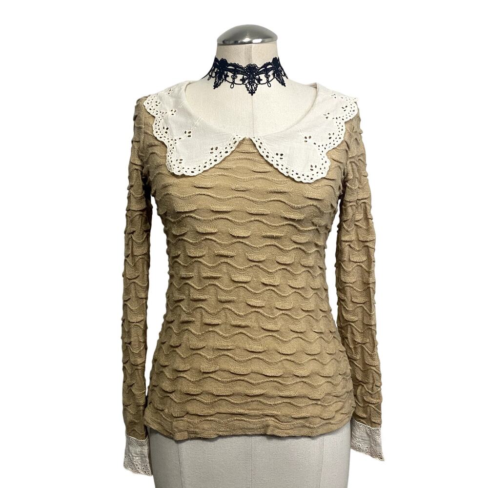 Y2K Coquette Preppy Collared Dainty Grunge Ruffle Thermal Long Sleeve Sweater